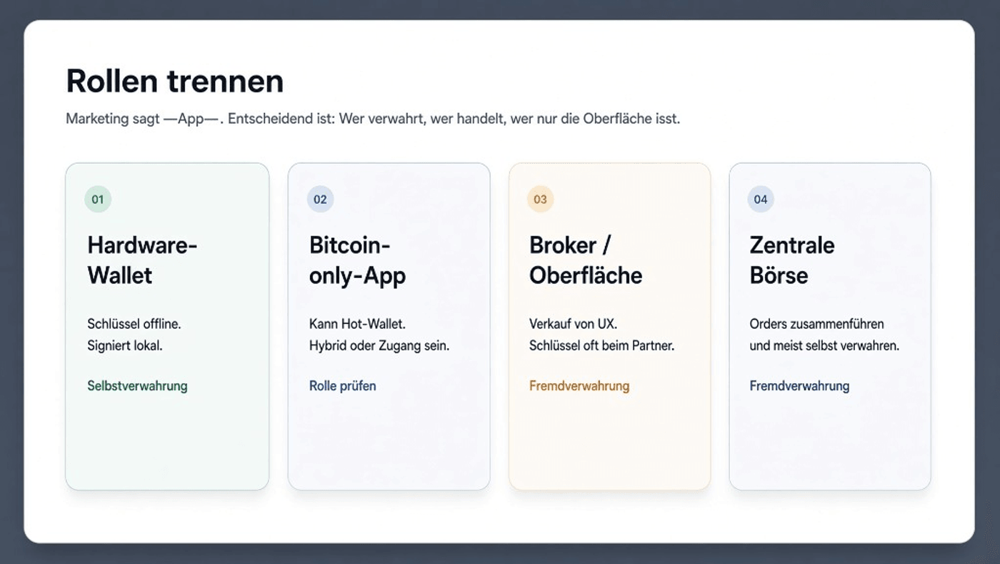 Rollen trennen: Hardware-Wallet, Bitcoin-only-App, Broker, zentrale Börse — Illustration, kein Produktfoto