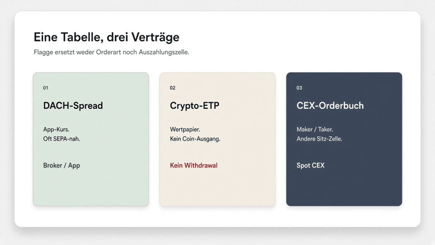 Eine Tabelle, drei Verträge: DACH-Spread, Crypto-ETP und CEX-Orderbuch — Illustration, kein Produktfoto