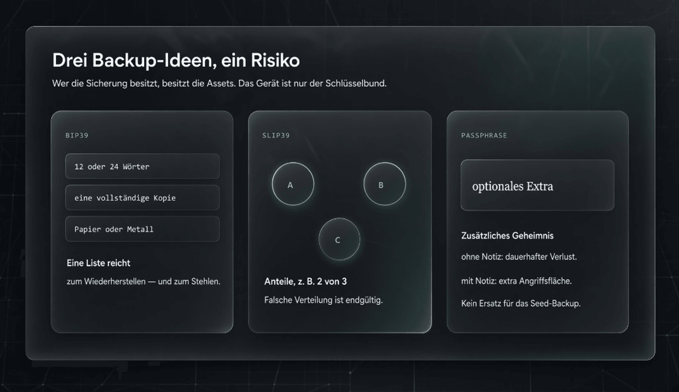 Drei Backup-Ideen: BIP39, SLIP39, Passphrase — Illustration, kein Produktfoto
