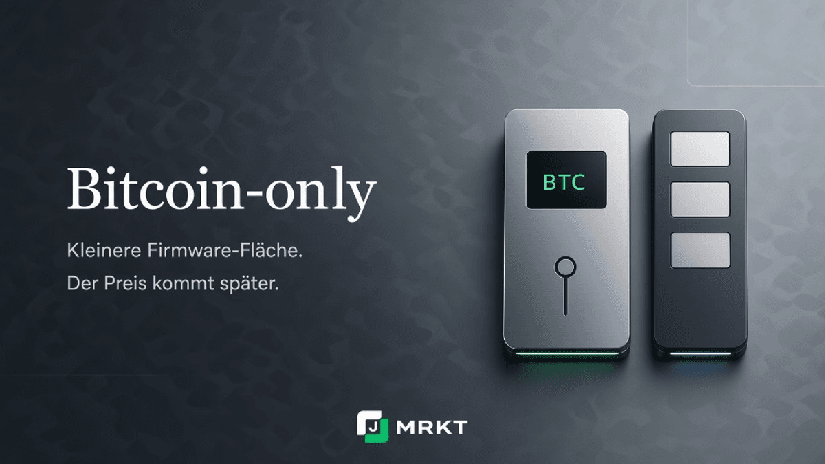 Magazin-Cover Bitcoin-only: helles BTC-Gerät und dunkles Multi-Gerät — Illustration, kein Produktfoto