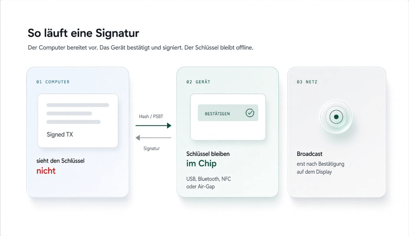 So läuft eine Signatur: Computer, Gerät und Netz — Illustration, kein Produktfoto