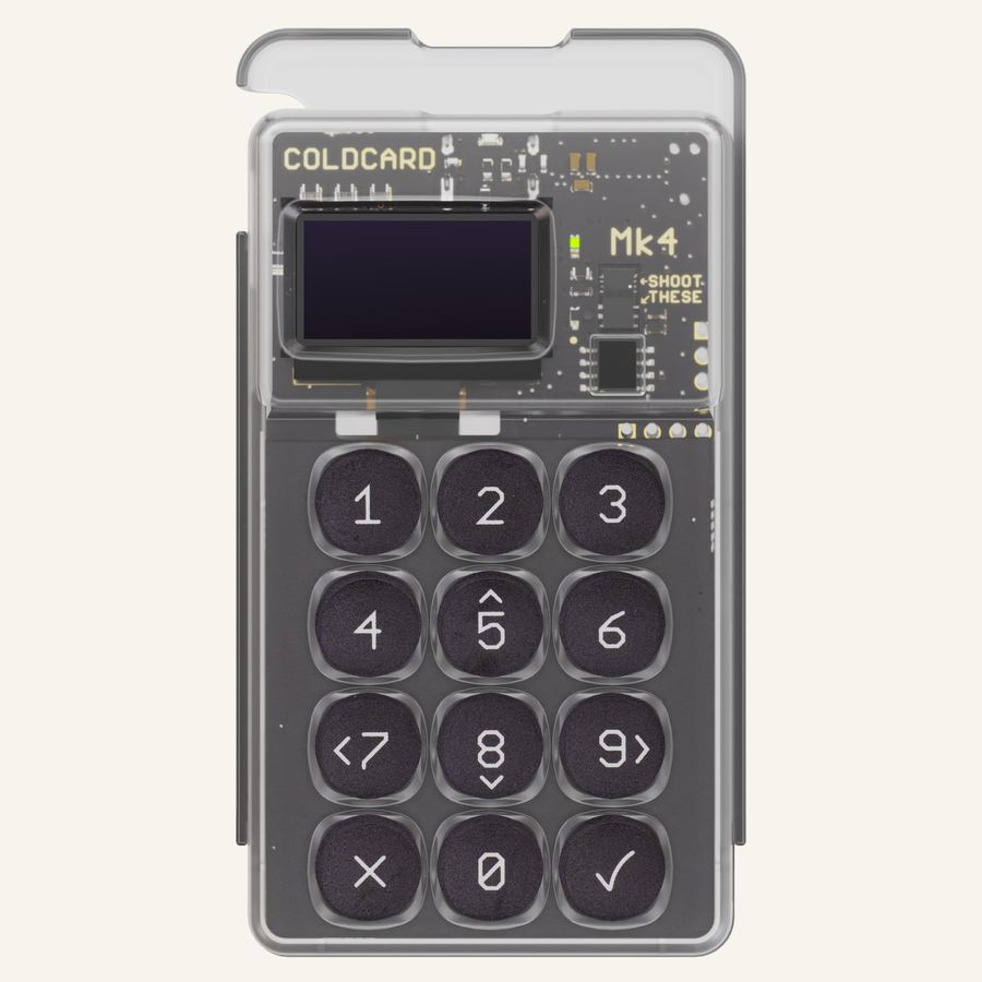 Coldcard Mk4 von vorn, numerische Tastatur und kleines Display