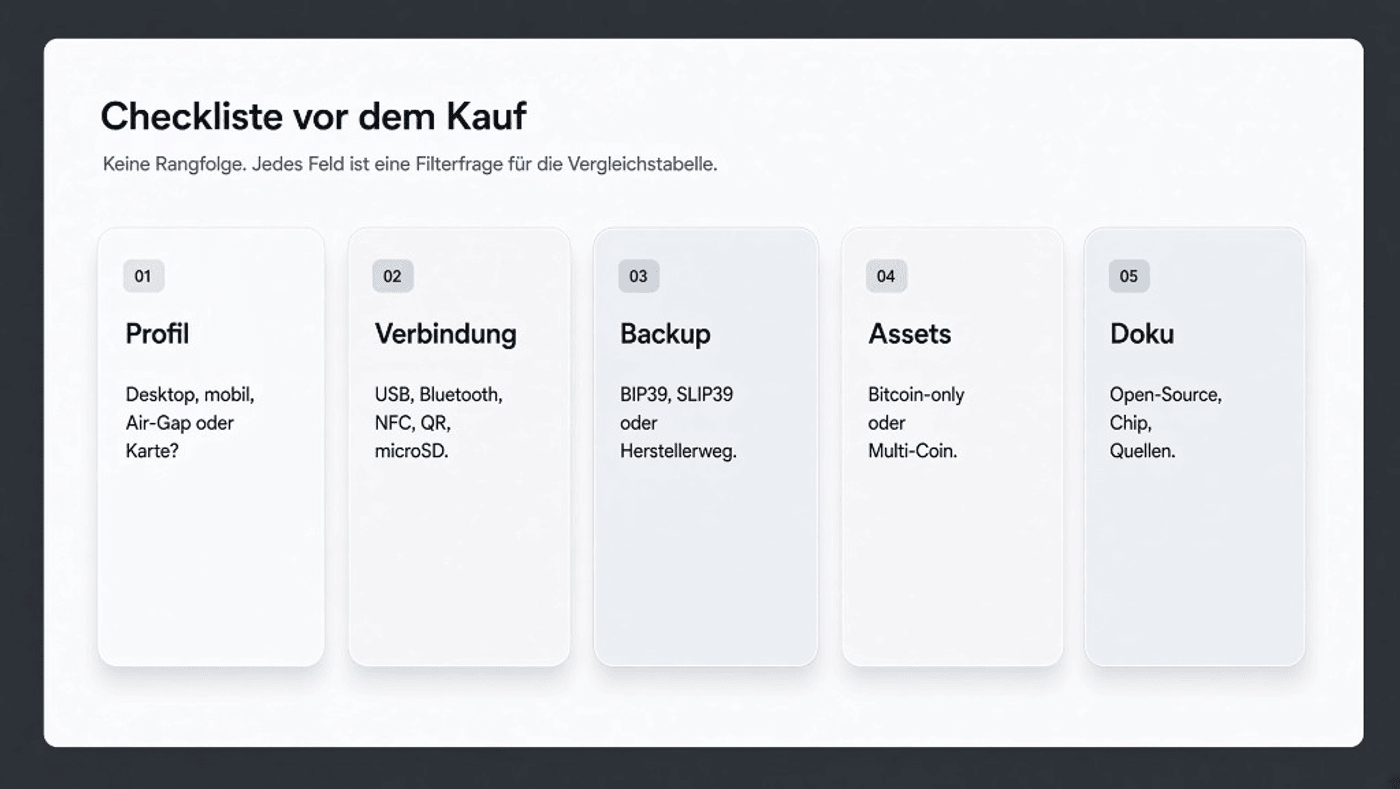 Checkliste vor dem Kauf: Profil, Verbindung, Backup, Assets, Doku — Illustration, kein Produktfoto