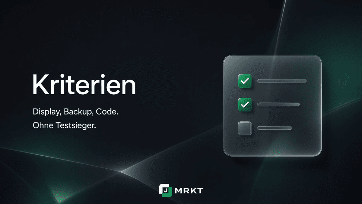 Magazin-Cover Kriterien: Glas-Panel mit Checkliste — Illustration, kein Produktfoto