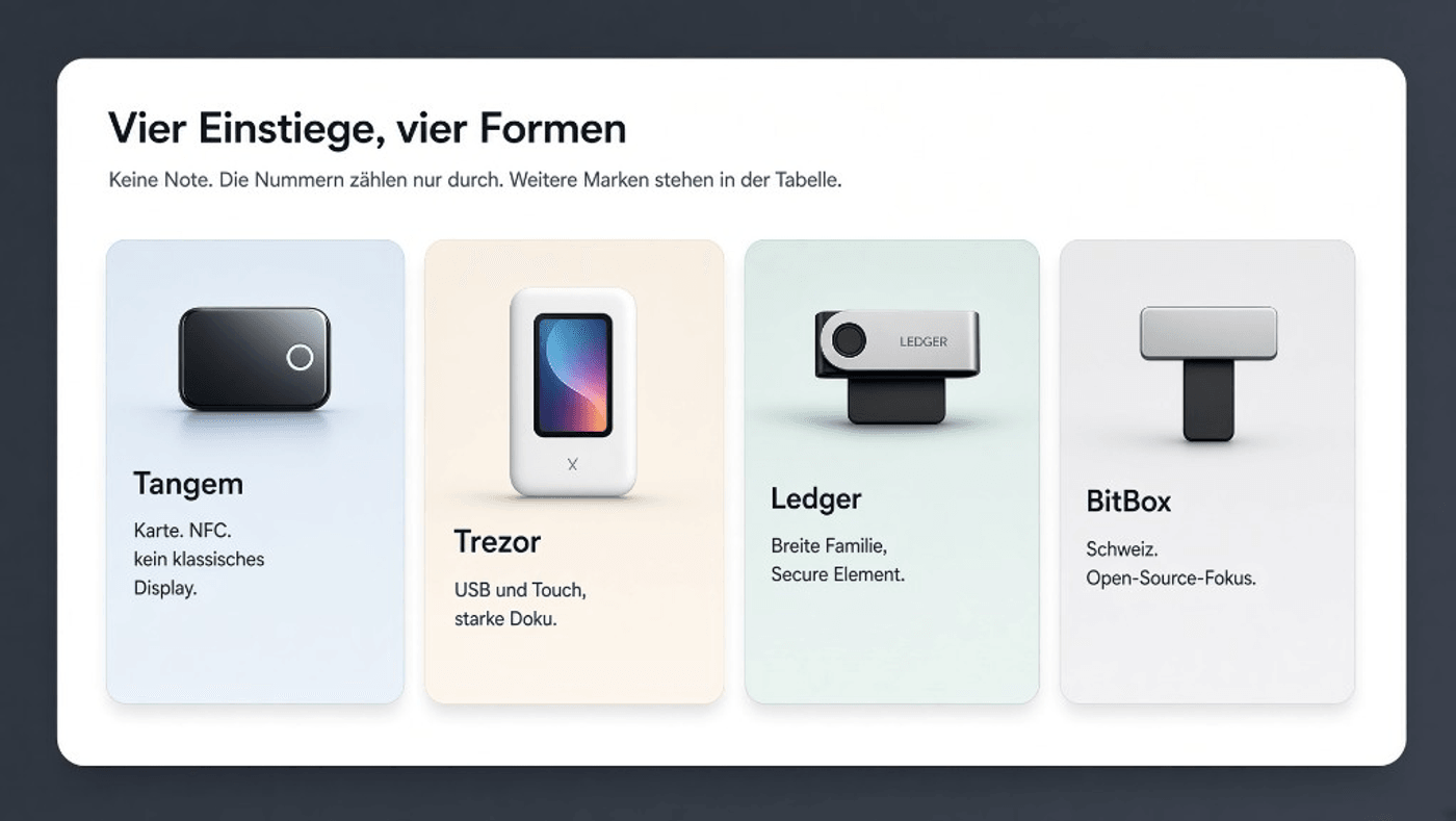 Vier Einstiege: Tangem, Trezor, Ledger, BitBox ohne Rangfolge — Illustration mit Formfaktoren