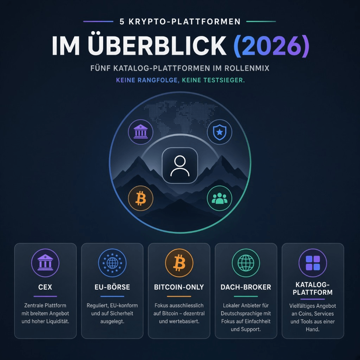 Magazin-Cover: fünf Katalog-Rollen CEX, EU-Börse, Bitcoin-only, DACH-Broker, Katalog — Illustration, kein Produktfoto