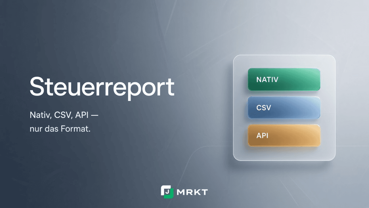 Magazin-Cover Steuerreport: NATIV-, CSV- und API-Buttons im Glas-Panel — Illustration, kein Produktfoto