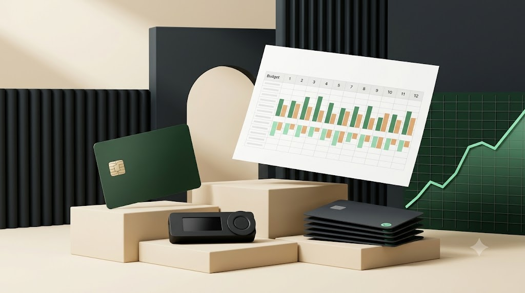 Illustration: Hardware-Wallet, Krypto-Karten und Budget-Übersicht als Stillleben in Papier, Tiefgrün und Beige